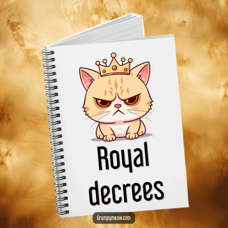 Funny notebook with a grumpy cat wearing a tiny crown, looking annoyed, perfect for jotting down thoughts with humorous feline royalty.