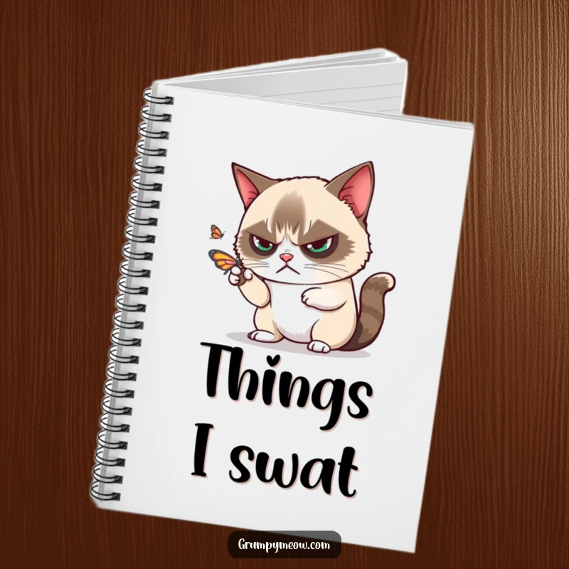 Funny grumpy cat disdainfully batting away a playful butterfly with one paw on a notebook, for jotting notes, a funny gift.