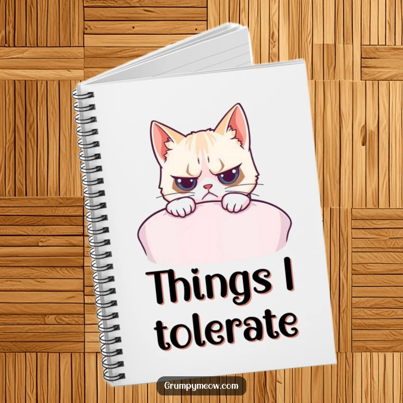 Funny notebook cover with a grumpy cat peeking over a cushion, perfect for jotting down notes with humor.