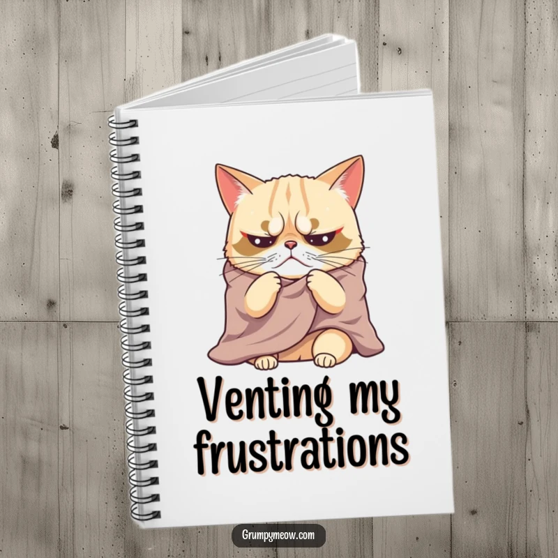 Funny notebook featuring a grumpy cat sighing dramatically under a blanket, perfect for jotting down thoughts with a dose of humorous drama.