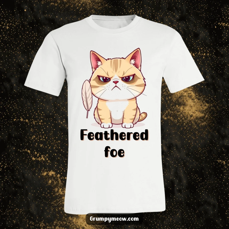 Funny Grumpy Cat T-Shirt: A grumpy cat wears a bewildered expression while watching a feather flutter.