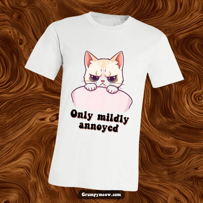 Funny t-shirt with a grumpy cat peeking with mild interest over a fluffy cushion, embodying relatable morning mood.