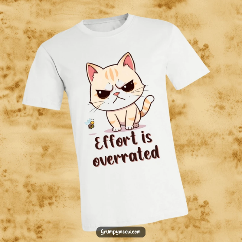 Funny t-shirt depicting a grumpy cat reluctantly chasing a buzzing fly with visible forced effort and annoyance.