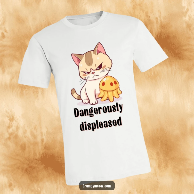 Funny t-shirt of a grumpy cat with an arched back hissing aggressively at a wobbling piece of jelly.
