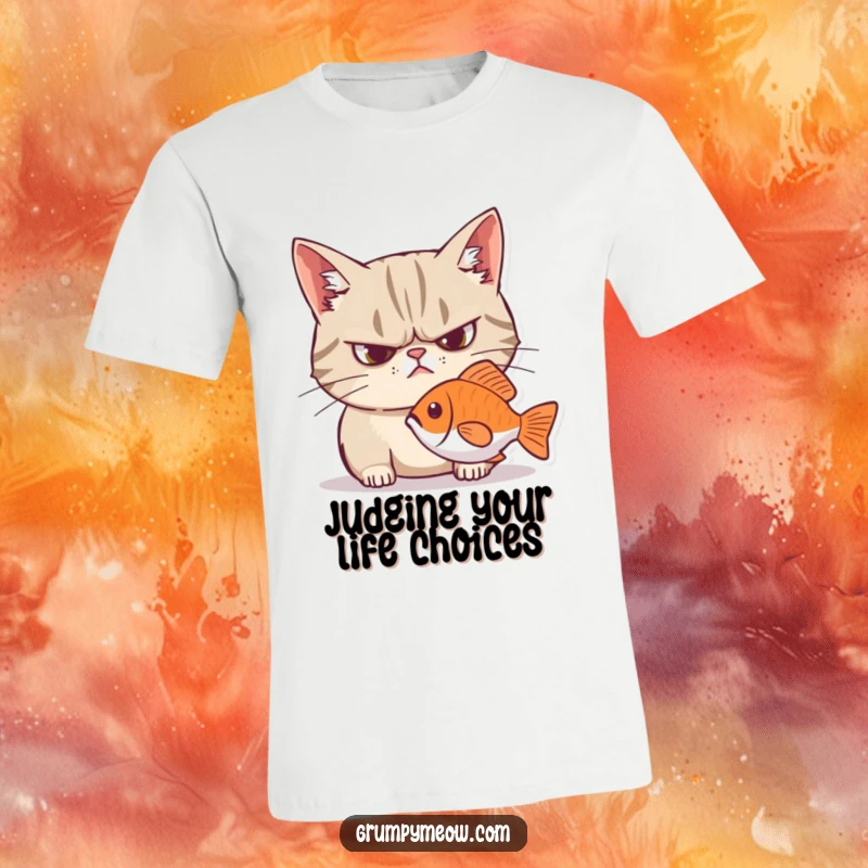 Funny grumpy cat t-shirt, frown, intense stare at fish, humorously depicting feline hunger and judgment.