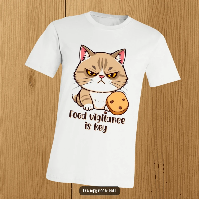 Funny t-shirt: a grumpy cat with narrowed eyes suspiciously eyeing a forbidden treat, demonstrating intense focus and desire.