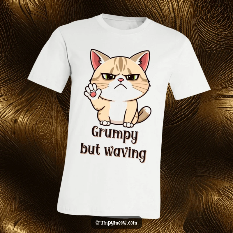 Funny grumpy cat t-shirt depicting a cat with a stern, furrowed brow making a begrudging attempt at a cheerful wave.