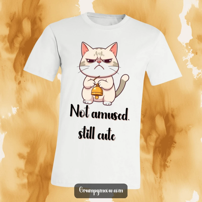 Funny t-shirt with a grumpy cat begrudgingly playing with a bell, conveying a relatable sense of feline reluctance and underlying playfulness.