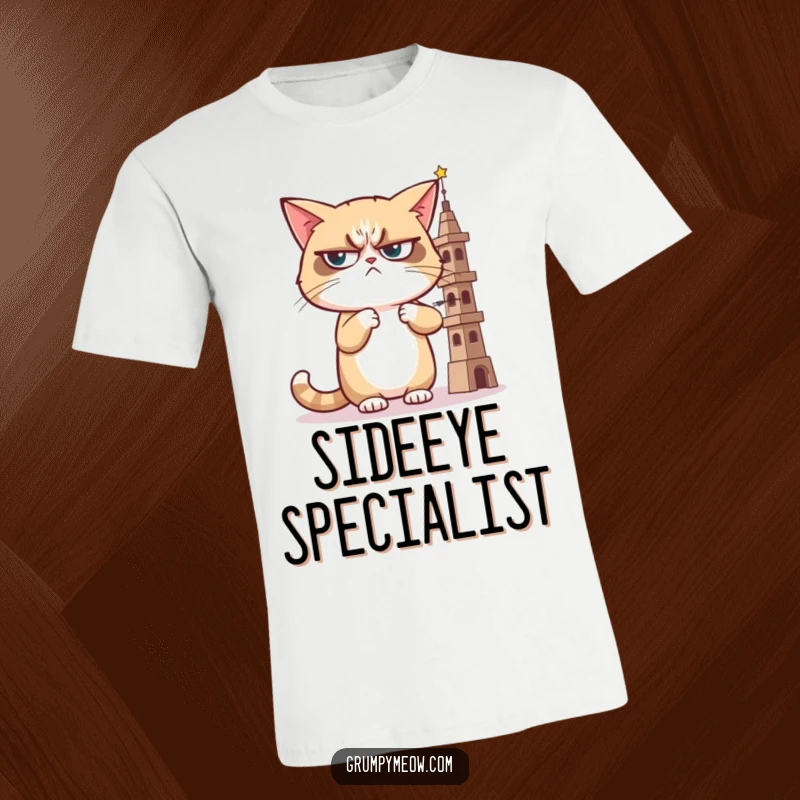 Funny t-shirt depicting a grumpy cat casting a sideways, judging glance at a wobbly tower, expressing skepticism and a critical eye.