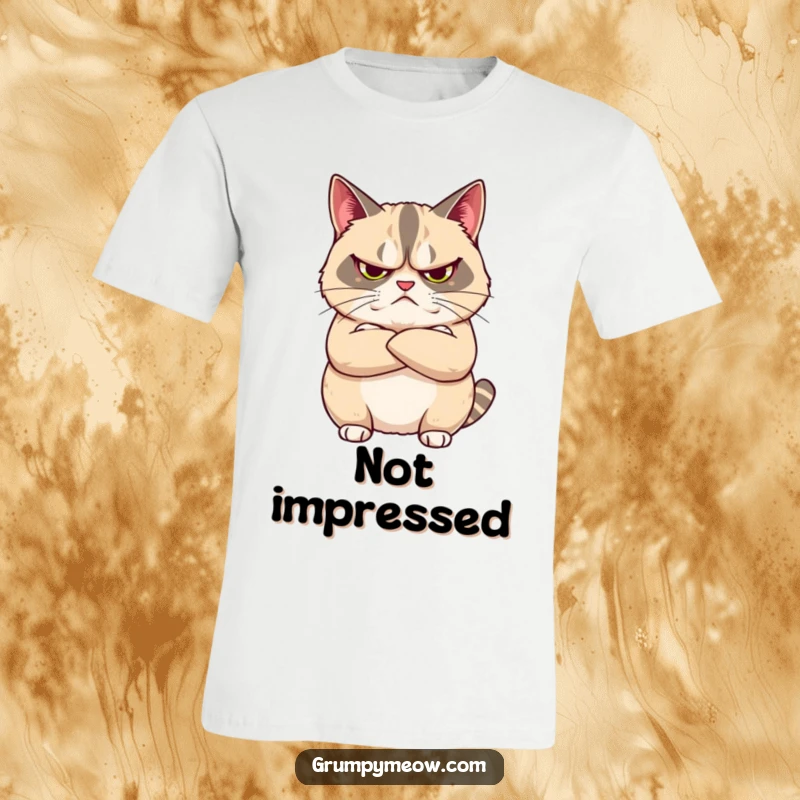 Funny t-shirt of a grumpy cat with arms crossed, looking unimpressed, perfect for conveying humorous feline disapproval and sass.