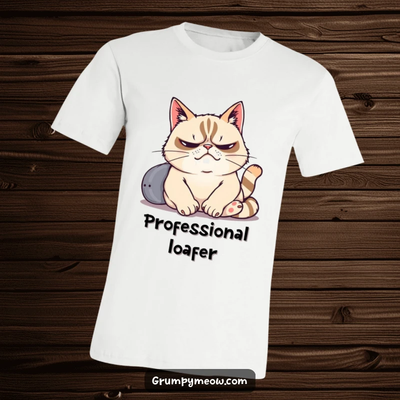 Funny t-shirt featuring a grumpy cat dramatically sighing and lounging lazily, embodying pure relaxation and relatable exhaustion.