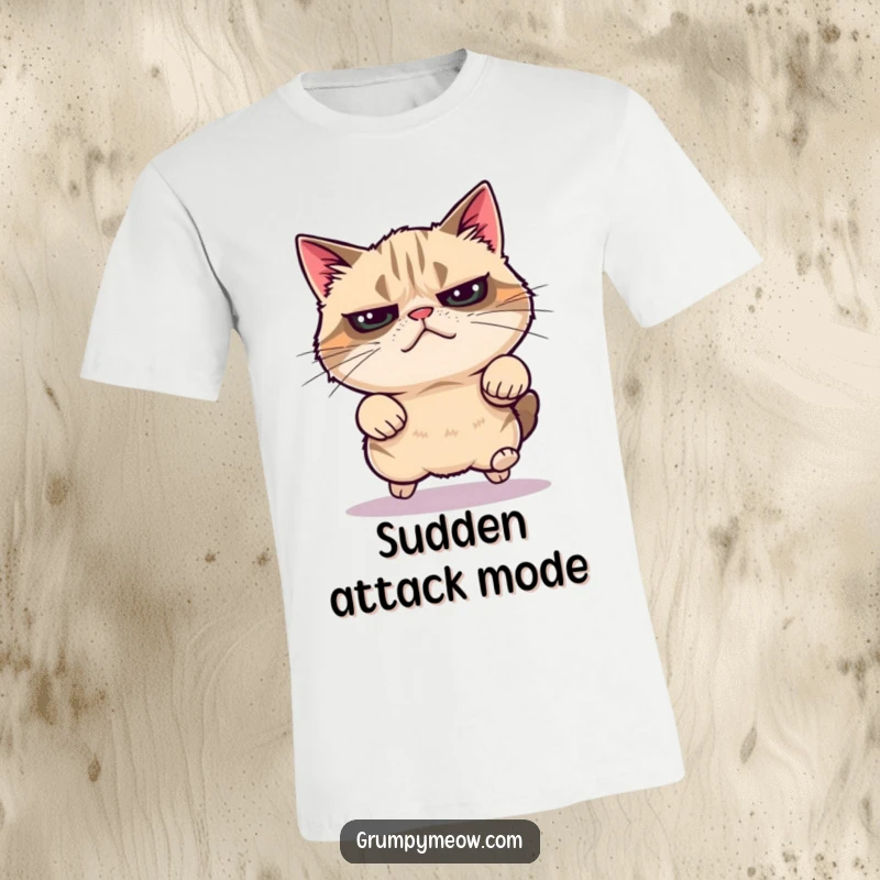 Funny grumpy cat t-shirt, mid-air leap with sudden energy, symbolizing unexpected action, great funny gift.