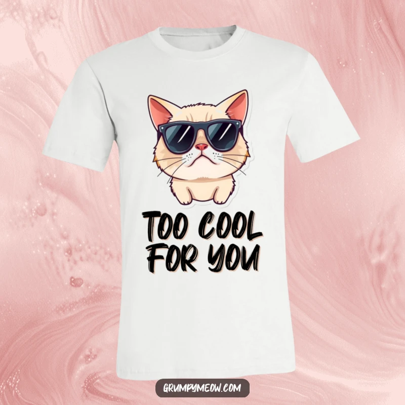 Funny grumpy cat t-shirt, wearing cool sunglasses, looking away rudely, a humorous statement of aloofness.