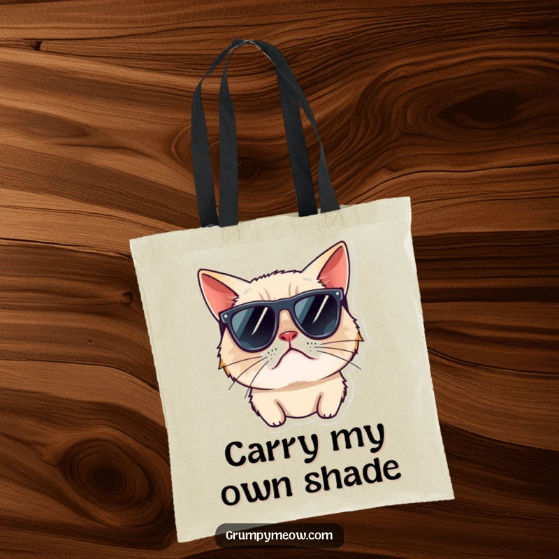 Funny grumpy cat tote bag, wearing sunglasses, looking away rudely, a humorous accessory for carrying essentials.