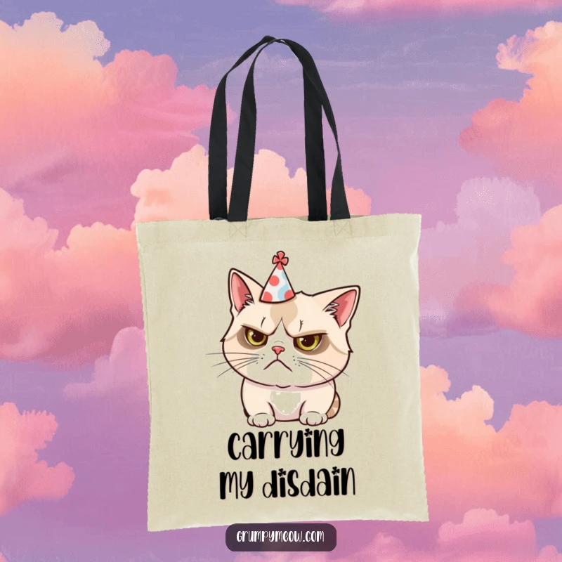 Funny tote bag with a grumpy cat comically wearing a small, askew party hat, ideal for carrying your reluctant joy.
