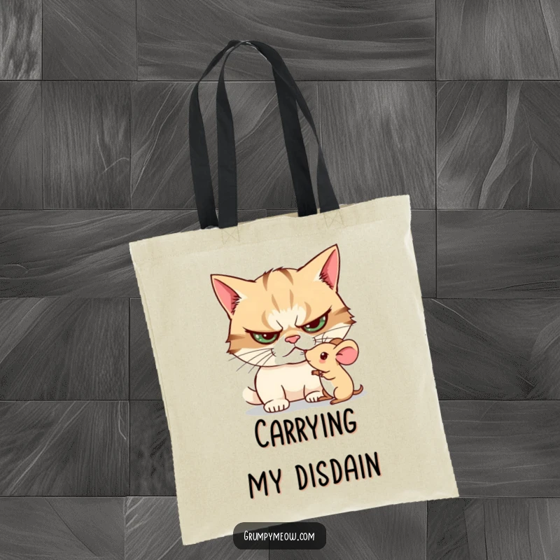 Funny tote bag illustrating a grumpy cat curiously poking a trembling toy mouse, capturing its investigative and unimpressed feline attitude.