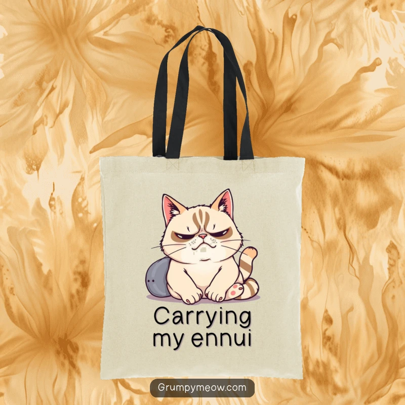 Funny tote bag showing a grumpy cat dramatically sighing while lounging lazily, a humorous representation of relatable fatigue.