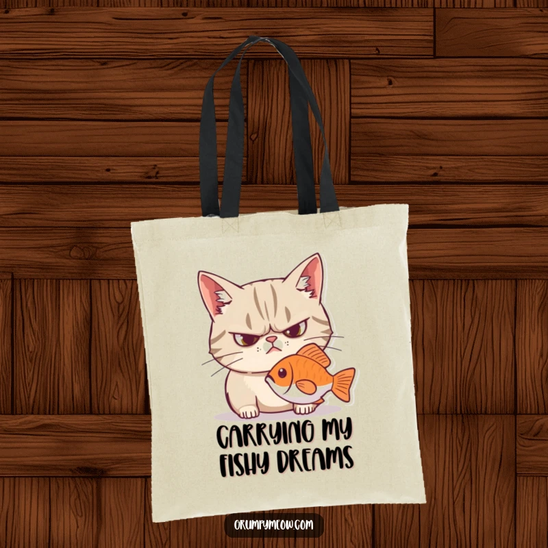 Funny grumpy cat tote bag, frowning, intensely focused on a fish, showcasing a hilarious desire for a snack.