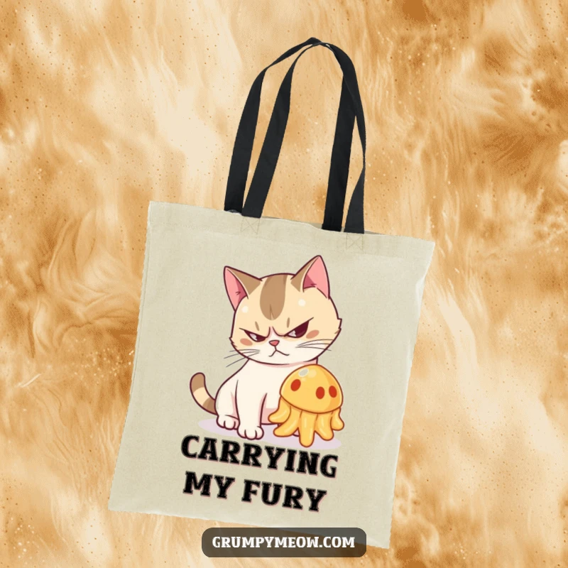 Funny tote bag with a grumpy cat arching its back and hissing at a wobbling jelly, perfect for humor.