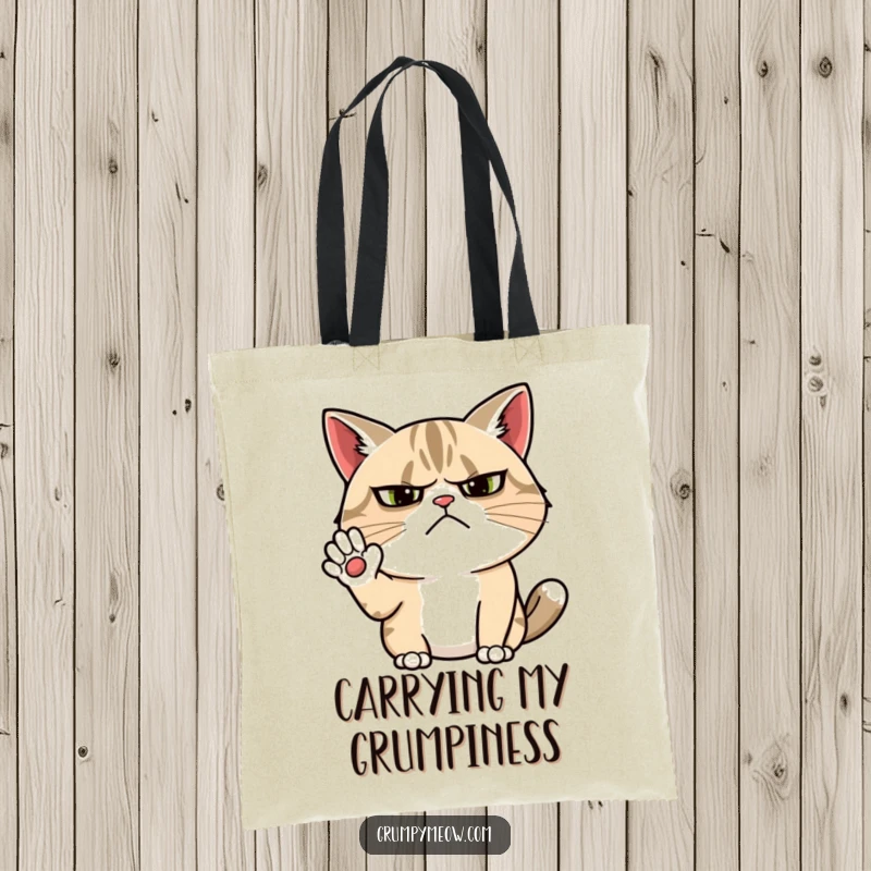 Funny grumpy cat tote bag with a cat sporting a furrowed brow, giving a sarcastic, unimpressed, cheerful wave attempt.