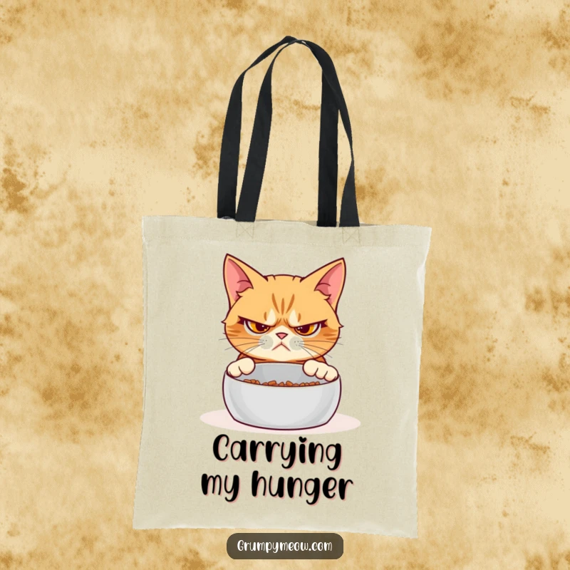 Funny grumpy cat tote bag, skeptical expression, empty food bowl, carrying capacity, humorous pet accessory, stylish shopper.