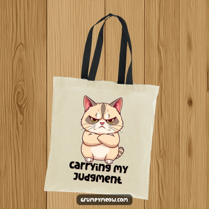 Funny tote bag with a grumpy cat arms crossed, looking unimpressed, perfect for carrying items with humorous feline sass and attitude.