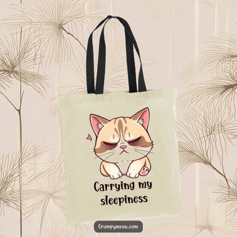 Funny grumpy cat tote bag, attempting to nap, playfully bothered, annoyed expression, do not disturb, sarcastic accessory, gift.