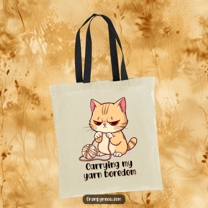 Funny Grumpy Cat Tote Bag: Durable bag featuring a grumpy cat reluctantly batting a ball of yarn, practical and witty.