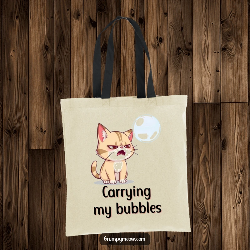 Funny grumpy cat tote bag, actively swatting at a soap bubble, showing focused effort, excellent funny gift for shoppers.