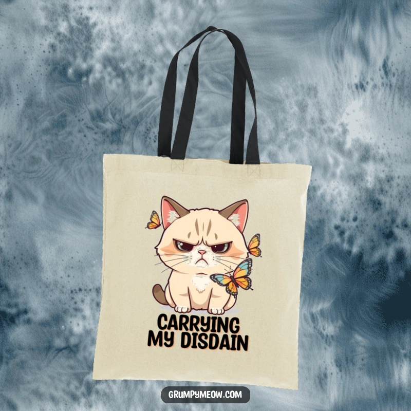 Funny grumpy cat tote bag, with a skeptical frown, watching a butterfly flutter by, excellent funny gift for shoppers.
