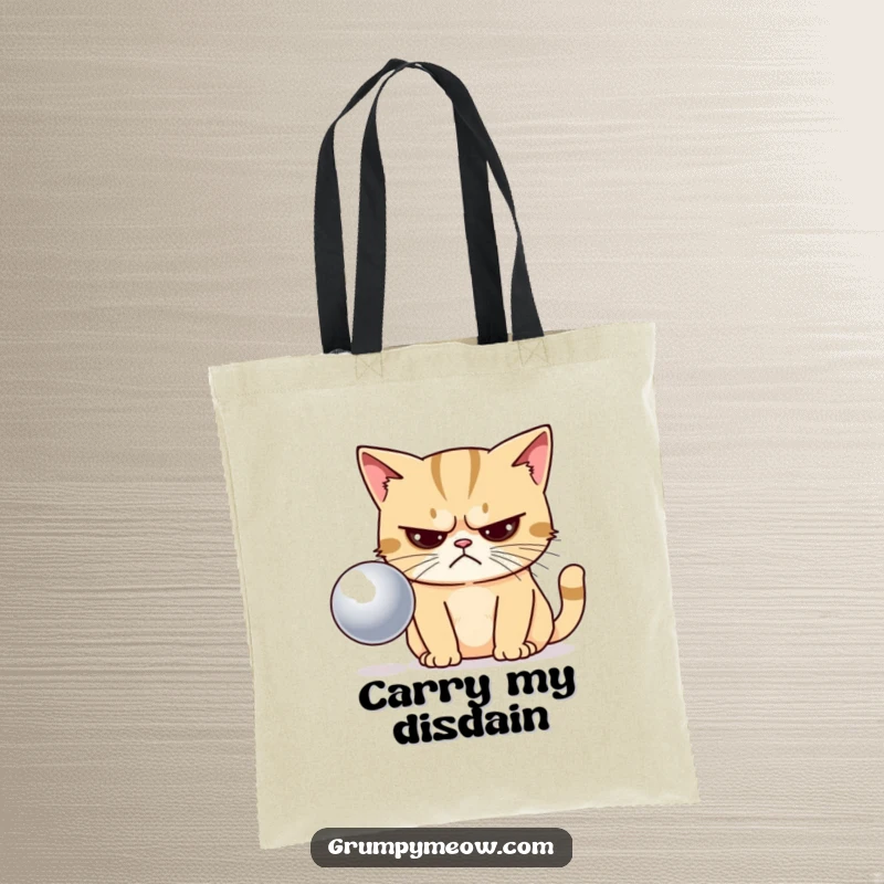 Funny tote bag depicting a grumpy cat with narrowed eyes, giving a shiny ball its most disapproving look.