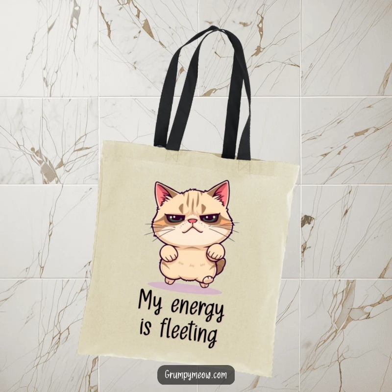 Funny grumpy cat tote bag, mid-leap with surprising energy, showing agility, excellent funny gift for shoppers.