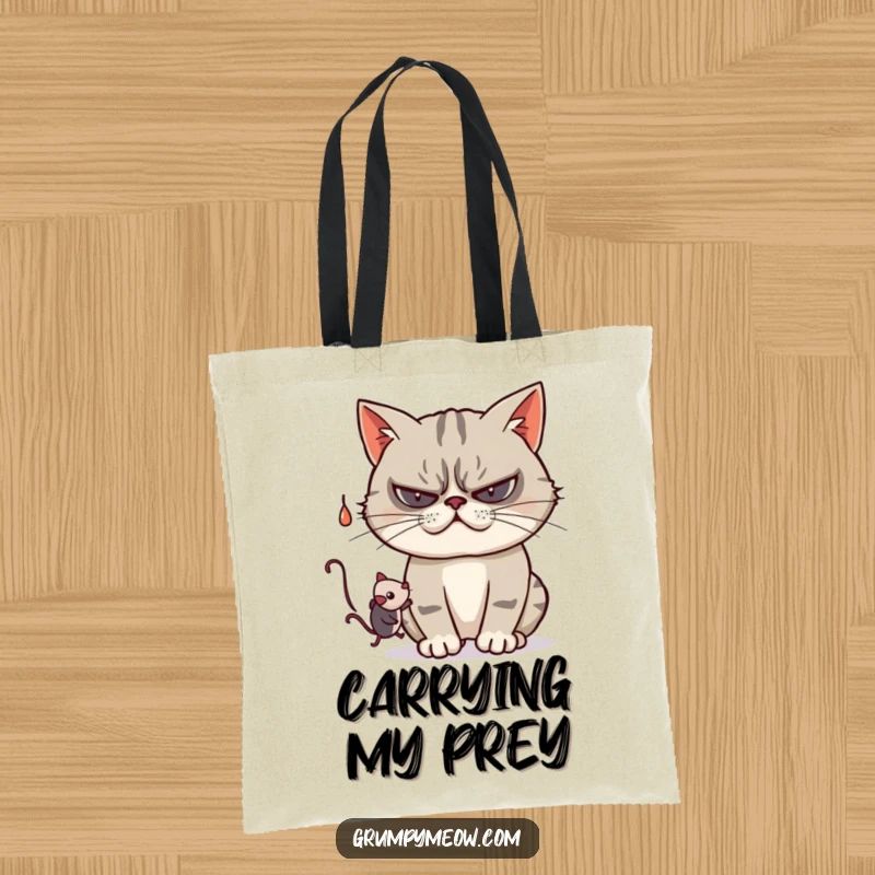 Funny tote bag showing a grumpy cat playfully swatting at a dangling toy mouse, illustrating a moment of lighthearted feline interaction.