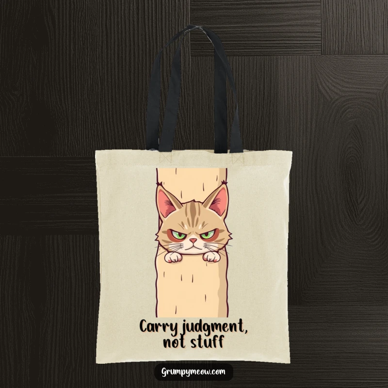 Funny tote bag with a grumpy cat peeking from behind a huge scratching post, its eyes narrowed with suspicion and curiosity.