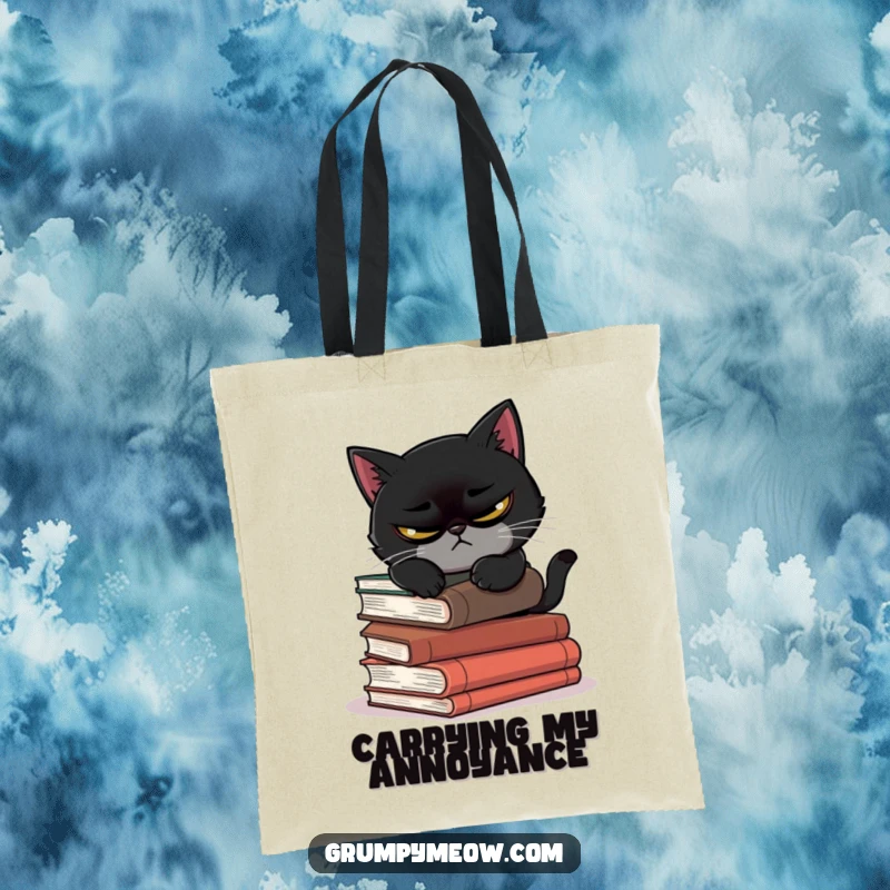 Funny tote bag with a scowling black cat attempting to nap on precarious books, perfect for bookish humor.