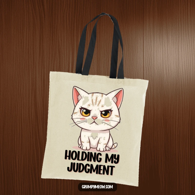 Funny tote bag featuring a skeptical cat with a raised eyebrow, observing with humorous suspicion, perfect for everyday use.