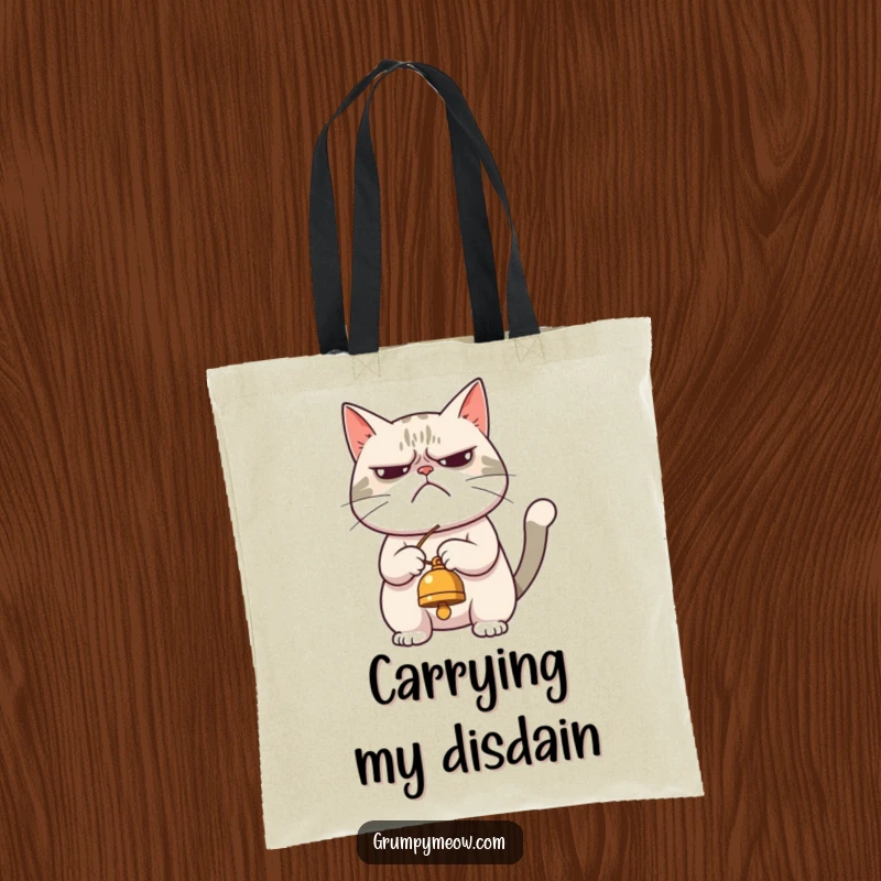 Funny tote bag with a grumpy cat begrudgingly playing with a dangling bell, ideal for carrying items with a dose of feline sass.