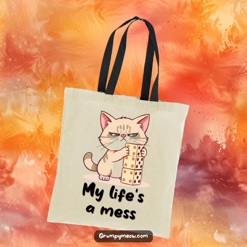 Funny grumpy cat tote bag, actively pushing dominoes, with a look of pure concentration, great funny gift for shoppers.